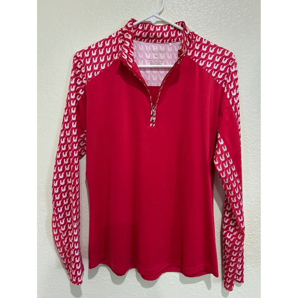 SanSoleil SolCool Red Horseshoe Print UV 50 Quarter Zip Performance Top Medium
